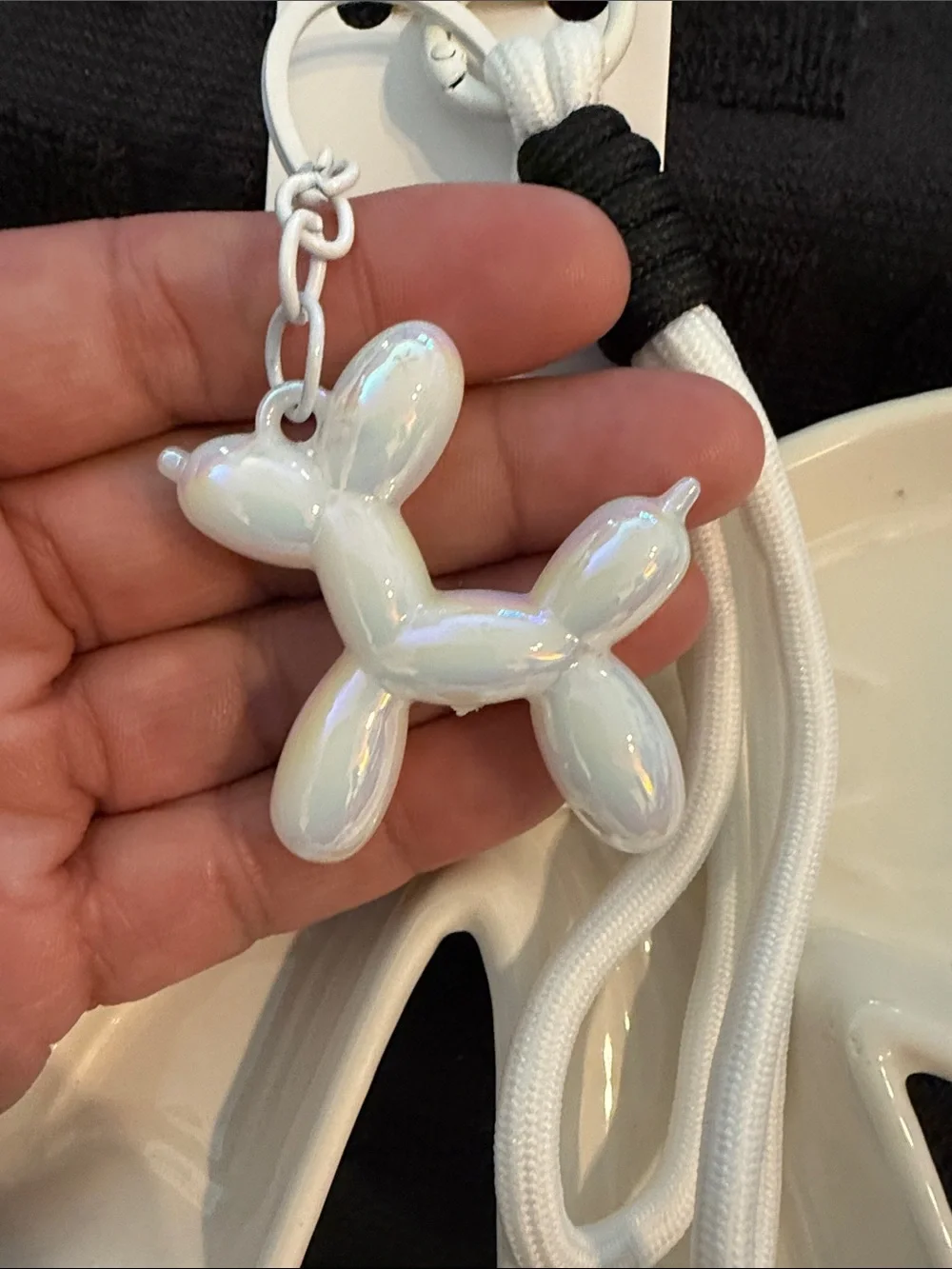 Mint White Balloon Dog Keychain Lanyard with Gold Ring
